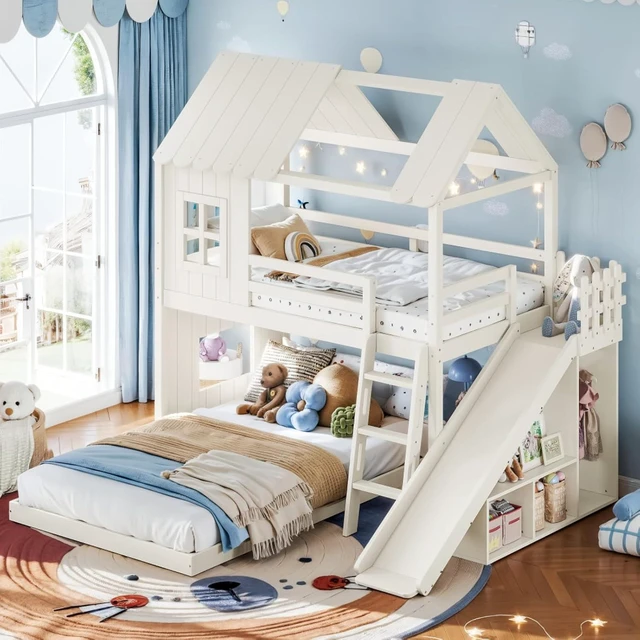 Alt view image 2 of 7 - Hassyee Wooden House Bunk Bed with Roof, Ladders, Safety Guardrails and Slides, Two-Tier Cabin Loft Bunk Bed with Storage Shelves and Wardrobe for Boys Girls Bedroom Playroom (Beige Twin Over Full)
