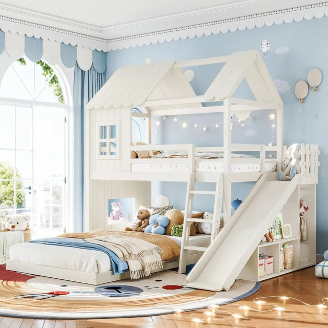 Main image of Hassyee Wooden House Bunk Bed with Roof, Ladders, Safety Guardrails and Slides, Two-Tier Cabin Loft Bunk Bed with Storage Shelves and Wardrobe for Boys Girls Bedroom Playroom (Beige Twin Over Full)