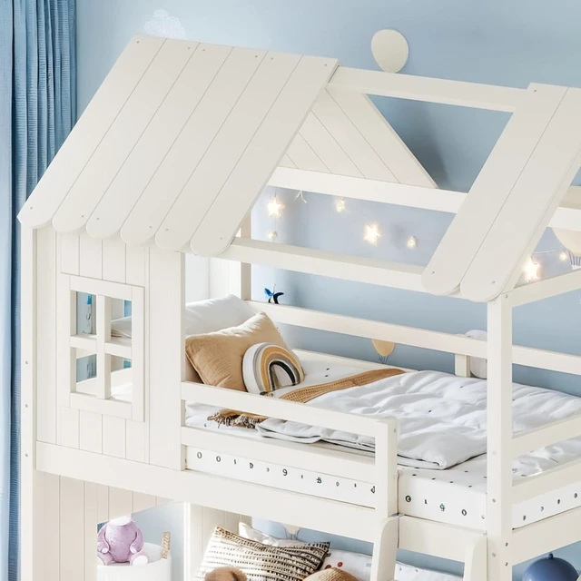 Alt view image 4 of 7 - Hassyee Wooden House Bunk Bed with Roof, Ladders, Safety Guardrails and Slides, Two-Tier Cabin Loft Bunk Bed with Storage Shelves and Wardrobe for Boys Girls Bedroom Playroom (Beige Twin Over Full)