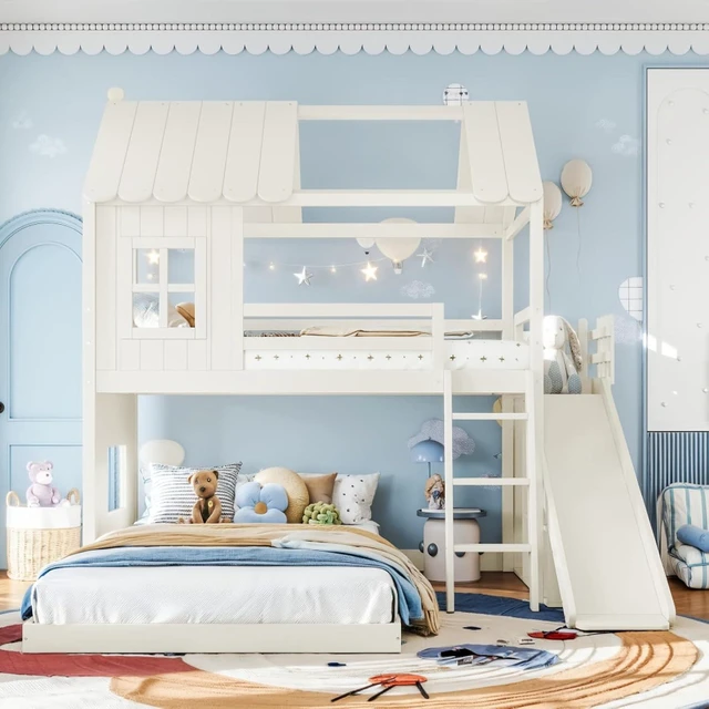 Alt view image 3 of 7 - Hassyee Wooden House Bunk Bed with Roof, Ladders, Safety Guardrails and Slides, Two-Tier Cabin Loft Bunk Bed with Storage Shelves and Wardrobe for Boys Girls Bedroom Playroom (Beige Twin Over Full)