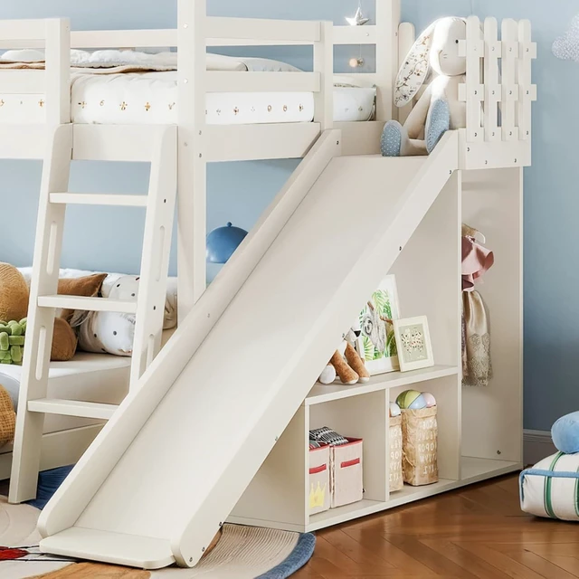 Alt view image 5 of 7 - Hassyee Wooden House Bunk Bed with Roof, Ladders, Safety Guardrails and Slides, Two-Tier Cabin Loft Bunk Bed with Storage Shelves and Wardrobe for Boys Girls Bedroom Playroom (Beige Twin Over Full)