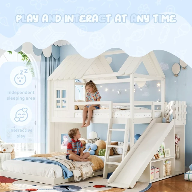 Alt view image 6 of 7 - Hassyee Wooden House Bunk Bed with Roof, Ladders, Safety Guardrails and Slides, Two-Tier Cabin Loft Bunk Bed with Storage Shelves and Wardrobe for Boys Girls Bedroom Playroom (Beige Twin Over Full)