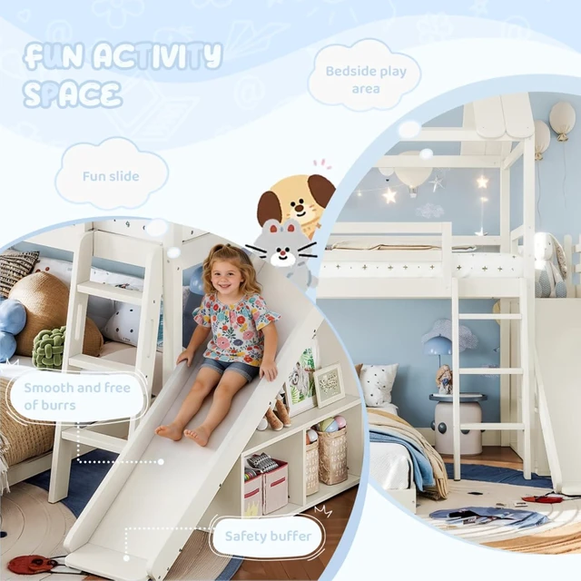 Alt view image 7 of 7 - Hassyee Wooden House Bunk Bed with Roof, Ladders, Safety Guardrails and Slides, Two-Tier Cabin Loft Bunk Bed with Storage Shelves and Wardrobe for Boys Girls Bedroom Playroom (Beige Twin Over Full)