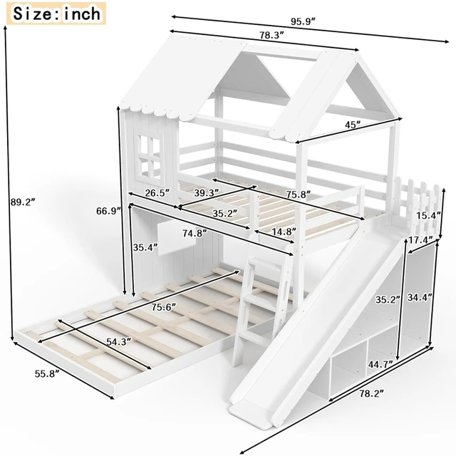 Alt view image 2 of 7 - Hassyee Wooden House Bunk Bed with Roof, Ladders, Safety Guardrails and Slides, Two-Tier Cabin Loft Bunk Bed with Storage Shelves and Wardrobe for Boys Girls Bedroom Playroom (White Twin Over Full)
