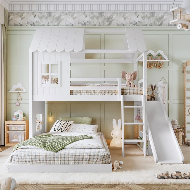 Alt view image 3 of 7 - Hassyee Wooden House Bunk Bed with Roof, Ladders, Safety Guardrails and Slides, Two-Tier Cabin Loft Bunk Bed with Storage Shelves and Wardrobe for Boys Girls Bedroom Playroom (White Twin Over Full)
