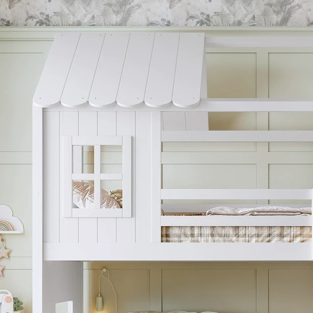Alt view image 5 of 7 - Hassyee Wooden House Bunk Bed with Roof, Ladders, Safety Guardrails and Slides, Two-Tier Cabin Loft Bunk Bed with Storage Shelves and Wardrobe for Boys Girls Bedroom Playroom (White Twin Over Full)