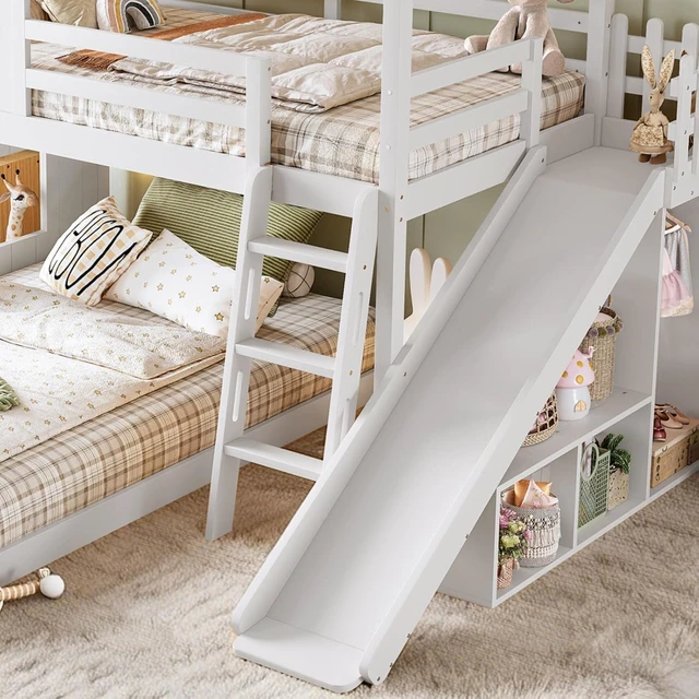 Alt view image 7 of 7 - Hassyee Wooden House Bunk Bed with Roof, Ladders, Safety Guardrails and Slides, Two-Tier Cabin Loft Bunk Bed with Storage Shelves and Wardrobe for Boys Girls Bedroom Playroom (White Twin Over Full)