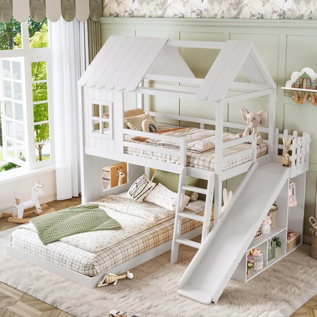 Alt view image 4 of 7 - Hassyee Wooden House Bunk Bed with Roof, Ladders, Safety Guardrails and Slides, Two-Tier Cabin Loft Bunk Bed with Storage Shelves and Wardrobe for Boys Girls Bedroom Playroom (White Twin Over Full)