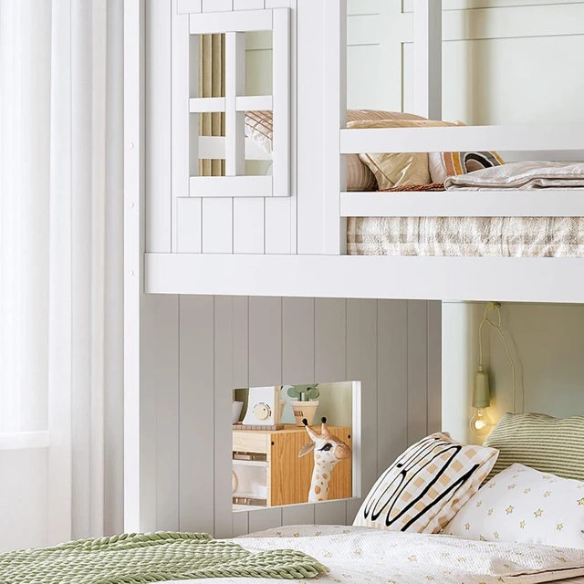 Alt view image 6 of 7 - Hassyee Wooden House Bunk Bed with Roof, Ladders, Safety Guardrails and Slides, Two-Tier Cabin Loft Bunk Bed with Storage Shelves and Wardrobe for Boys Girls Bedroom Playroom (White Twin Over Full)