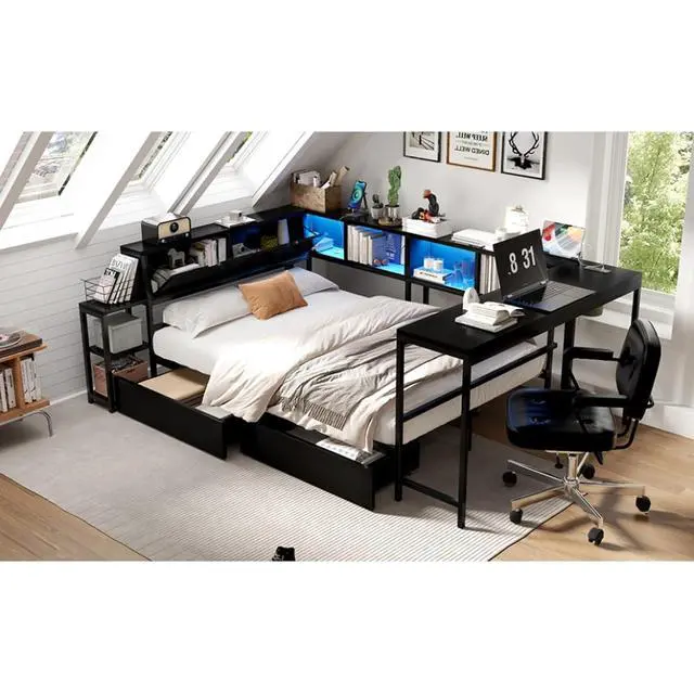 Alt view image 5 of 7 - Twin/Queen/Full Size Daybed with Bookcase and 2 Underbed Storage Drawers, Captain's Bed with LED Light and Charging Station, Corner Sofa Beds for Bedroom Guest Room Small Apartment Dorm (Black Queen)