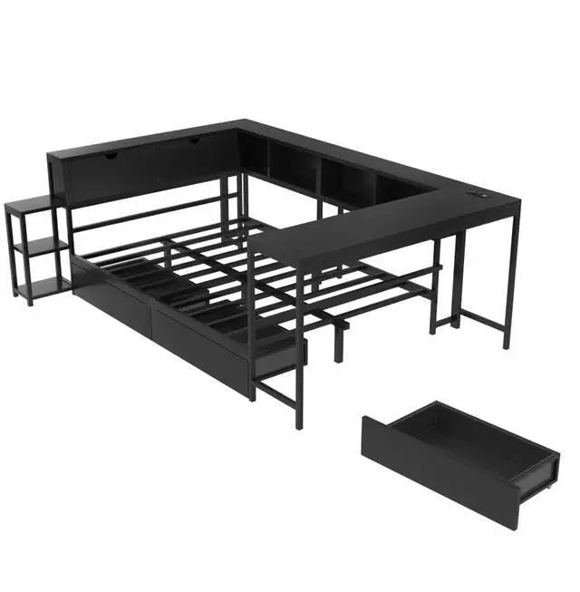 Alt view image 4 of 7 - Twin/Queen/Full Size Daybed with Bookcase and 2 Underbed Storage Drawers, Captain's Bed with LED Light and Charging Station, Corner Sofa Beds for Bedroom Guest Room Small Apartment Dorm (Black Queen)