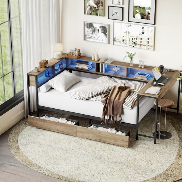 Alt view image 3 of 7 - Twin/Queen/Full Size Daybed with Bookcase and 2 Underbed Storage Drawers, Captain's Bed with LED Light and Charging Station, Corner Sofa Beds for Bedroom Guest Room Small Apartment Dorm (Grey Full)
