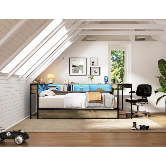 Alt view image 7 of 7 - Twin/Queen/Full Size Daybed with Bookcase and 2 Underbed Storage Drawers, Captain's Bed with LED Light and Charging Station, Corner Sofa Beds for Bedroom Guest Room Small Apartment Dorm (Grey Full)