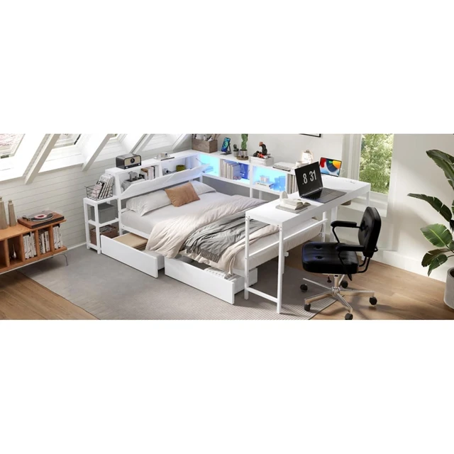 Alt view image 5 of 7 - Twin/Queen/Full Size Daybed with Bookcase and 2 Underbed Storage Drawers, Captain's Bed with LED Light and Charging Station, Corner Sofa Beds for Bedroom Guest Room Small Apartment Dorm (White Queen)