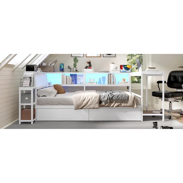 Alt view image 7 of 7 - Twin/Queen/Full Size Daybed with Bookcase and 2 Underbed Storage Drawers, Captain's Bed with LED Light and Charging Station, Corner Sofa Beds for Bedroom Guest Room Small Apartment Dorm (White Queen)