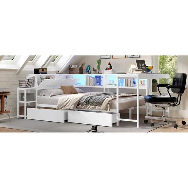 Alt view image 6 of 7 - Twin/Queen/Full Size Daybed with Bookcase and 2 Underbed Storage Drawers, Captain's Bed with LED Light and Charging Station, Corner Sofa Beds for Bedroom Guest Room Small Apartment Dorm (White Queen)
