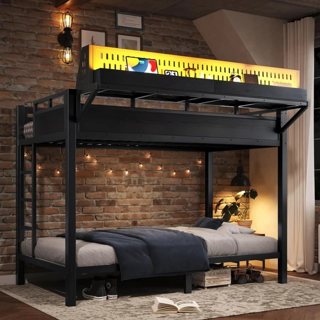 Alt view image 3 of 7 - Hassyee Metal Bunk Bed with Ladder, USB Ports and LED Lights, Teens and Adults Dorm Bed with Under-Bed Storage Space and Storage Shelves for Boys Girls Bedroom Guest Room (Black Twin XL)