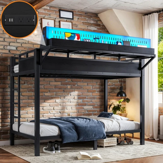 Alt view image 4 of 7 - Hassyee Metal Bunk Bed with Ladder, USB Ports and LED Lights, Teens and Adults Dorm Bed with Under-Bed Storage Space and Storage Shelves for Boys Girls Bedroom Guest Room (Black Twin XL)
