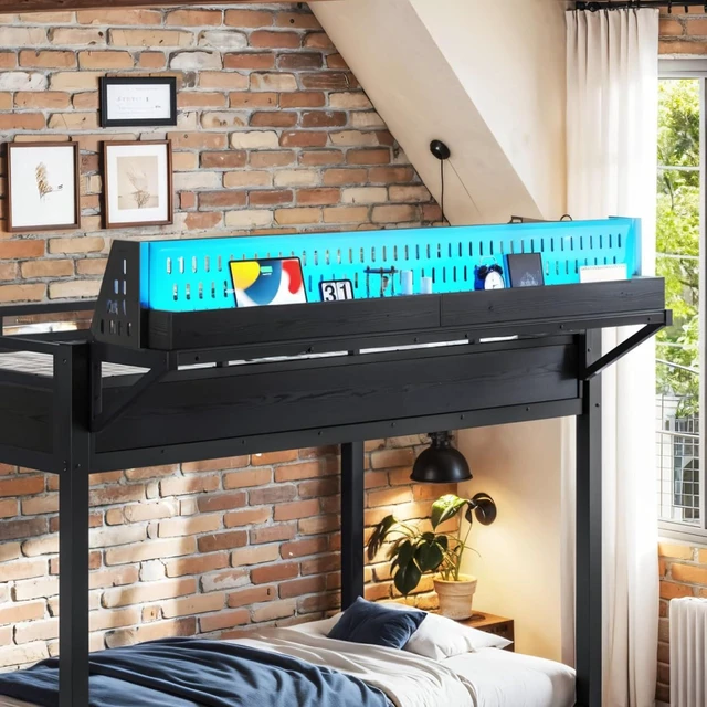 Alt view image 6 of 7 - Hassyee Metal Bunk Bed with Ladder, USB Ports and LED Lights, Teens and Adults Dorm Bed with Under-Bed Storage Space and Storage Shelves for Boys Girls Bedroom Guest Room (Black Twin XL)