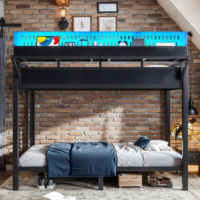 Alt view image 5 of 7 - Hassyee Metal Bunk Bed with Ladder, USB Ports and LED Lights, Teens and Adults Dorm Bed with Under-Bed Storage Space and Storage Shelves for Boys Girls Bedroom Guest Room (Black Twin XL)