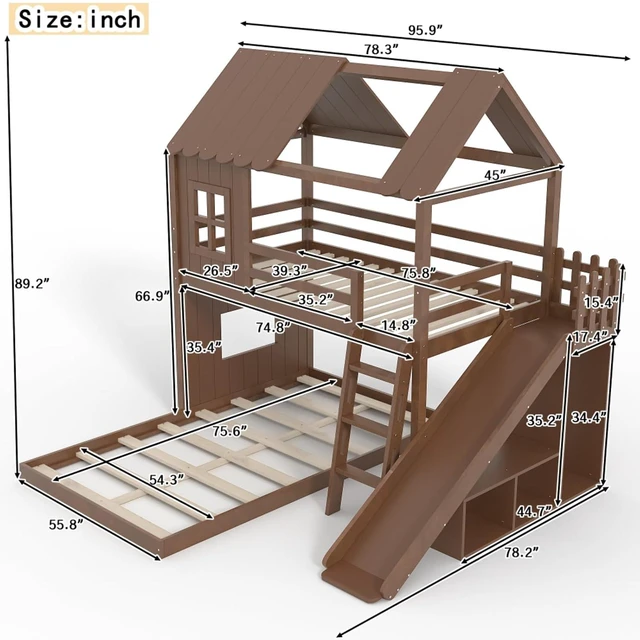 Alt view image 2 of 7 - Wooden House Bunk Bed with Roof, Ladders, Safety Guardrails and Slides, Two-Tier Cabin Loft Bunk Bed with Storage Shelves and Wardrobe for Boys Girls Bedroom Playroom (Antique Natural Twin over Full)