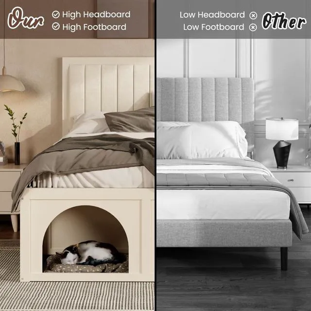 Alt view image 3 of 7 - Queen/Full Size Platform Bed with Pet-Friendly Space and Upholstered Headboard, Panel Bedframe Mattress Base with Open Under-Bed Nook and Wooden Slats Support for Bedroom Apartment (Beige Full)