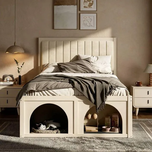 Alt view image 2 of 7 - Queen/Full Size Platform Bed with Pet-Friendly Space and Upholstered Headboard, Panel Bedframe Mattress Base with Open Under-Bed Nook and Wooden Slats Support for Bedroom Apartment (Beige Full)
