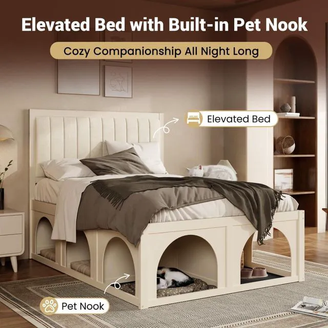 Alt view image 4 of 7 - Queen/Full Size Platform Bed with Pet-Friendly Space and Upholstered Headboard, Panel Bedframe Mattress Base with Open Under-Bed Nook and Wooden Slats Support for Bedroom Apartment (Beige Full)