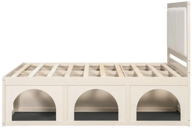 Alt view image 5 of 7 - Queen/Full Size Platform Bed with Pet-Friendly Space and Upholstered Headboard, Panel Bedframe Mattress Base with Open Under-Bed Nook and Wooden Slats Support for Bedroom Apartment (Beige Full)