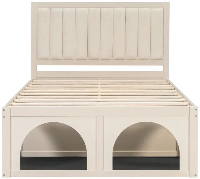 Alt view image 7 of 7 - Queen/Full Size Platform Bed with Pet-Friendly Space and Upholstered Headboard, Panel Bedframe Mattress Base with Open Under-Bed Nook and Wooden Slats Support for Bedroom Apartment (Beige Full)