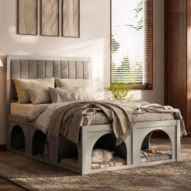 Main image of Queen/Full Size Platform Bed with Pet-Friendly Space and Upholstered Headboard, Panel Bedframe Mattress Base with Open Under-Bed Nook and Wooden Slats Support for Bedroom Apartment (Light Grey Full)