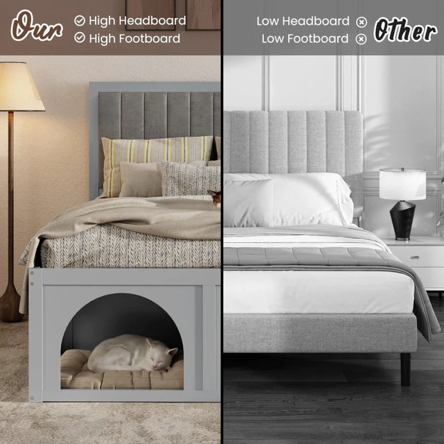 Alt view image 3 of 7 - Queen/Full Size Platform Bed with Pet-Friendly Space and Upholstered Headboard, Panel Bedframe Mattress Base with Open Under-Bed Nook and Wooden Slats Support for Bedroom Apartment (Light Grey Full)