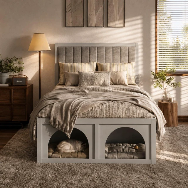 Alt view image 2 of 7 - Queen/Full Size Platform Bed with Pet-Friendly Space and Upholstered Headboard, Panel Bedframe Mattress Base with Open Under-Bed Nook and Wooden Slats Support for Bedroom Apartment (Light Grey Full)
