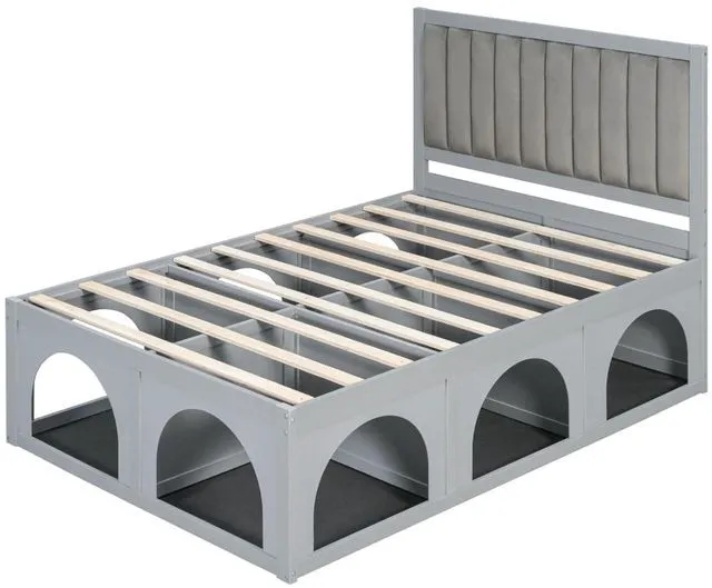 Alt view image 5 of 7 - Queen/Full Size Platform Bed with Pet-Friendly Space and Upholstered Headboard, Panel Bedframe Mattress Base with Open Under-Bed Nook and Wooden Slats Support for Bedroom Apartment (Light Grey Full)