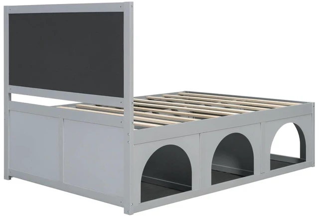 Alt view image 6 of 7 - Queen/Full Size Platform Bed with Pet-Friendly Space and Upholstered Headboard, Panel Bedframe Mattress Base with Open Under-Bed Nook and Wooden Slats Support for Bedroom Apartment (Light Grey Full)