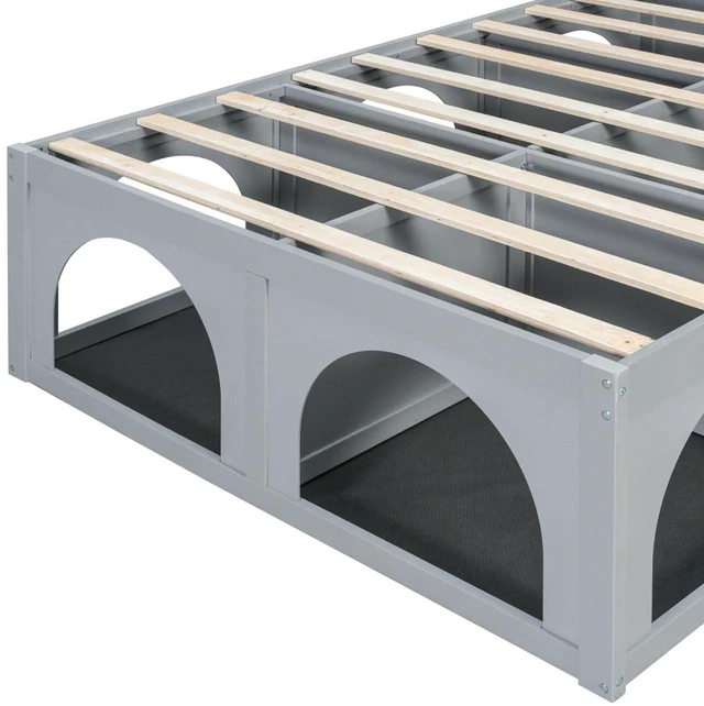 Alt view image 7 of 7 - Queen/Full Size Platform Bed with Pet-Friendly Space and Upholstered Headboard, Panel Bedframe Mattress Base with Open Under-Bed Nook and Wooden Slats Support for Bedroom Apartment (Light Grey Full)