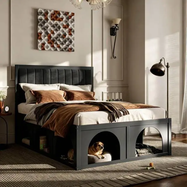 Main image of Queen/Full Size Platform Bed with Pet-Friendly Space and Upholstered Headboard, Panel Bedframe Mattress Base with Open Under-Bed Nook and Wooden Slats Support for Bedroom Apartment (Black Queen)