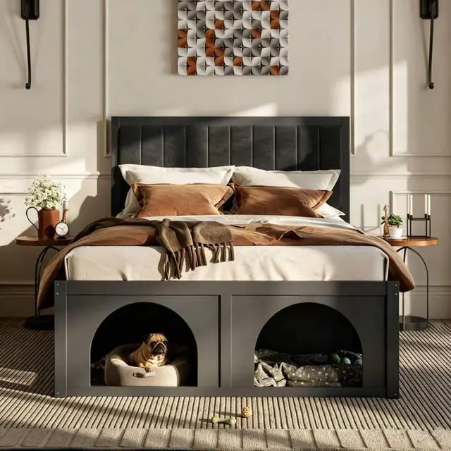 Alt view image 2 of 7 - Queen/Full Size Platform Bed with Pet-Friendly Space and Upholstered Headboard, Panel Bedframe Mattress Base with Open Under-Bed Nook and Wooden Slats Support for Bedroom Apartment (Black Queen)