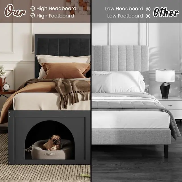 Alt view image 3 of 7 - Queen/Full Size Platform Bed with Pet-Friendly Space and Upholstered Headboard, Panel Bedframe Mattress Base with Open Under-Bed Nook and Wooden Slats Support for Bedroom Apartment (Black Queen)