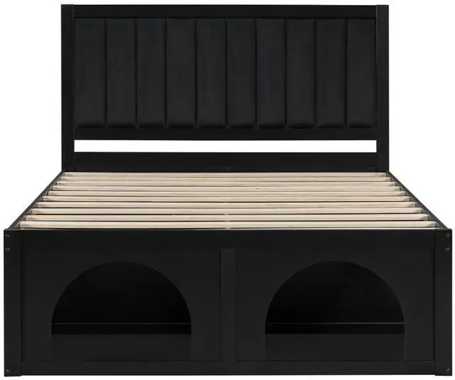Alt view image 5 of 7 - Queen/Full Size Platform Bed with Pet-Friendly Space and Upholstered Headboard, Panel Bedframe Mattress Base with Open Under-Bed Nook and Wooden Slats Support for Bedroom Apartment (Black Queen)