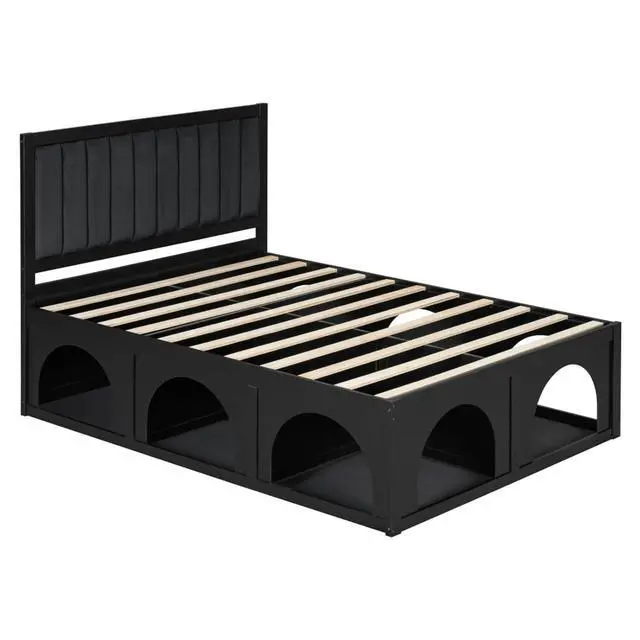 Alt view image 6 of 7 - Queen/Full Size Platform Bed with Pet-Friendly Space and Upholstered Headboard, Panel Bedframe Mattress Base with Open Under-Bed Nook and Wooden Slats Support for Bedroom Apartment (Black Queen)
