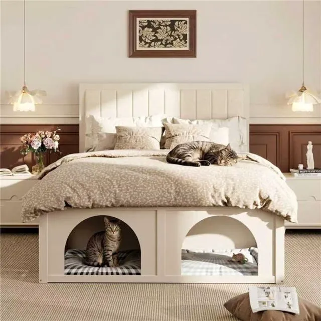 Alt view image 2 of 7 - Queen/Full Size Platform Bed with Pet-Friendly Space and Upholstered Headboard, Panel Bedframe Mattress Base with Open Under-Bed Nook and Wooden Slats Support for Bedroom Apartment (Beige Queen)