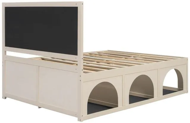 Alt view image 6 of 7 - Queen/Full Size Platform Bed with Pet-Friendly Space and Upholstered Headboard, Panel Bedframe Mattress Base with Open Under-Bed Nook and Wooden Slats Support for Bedroom Apartment (Beige Queen)