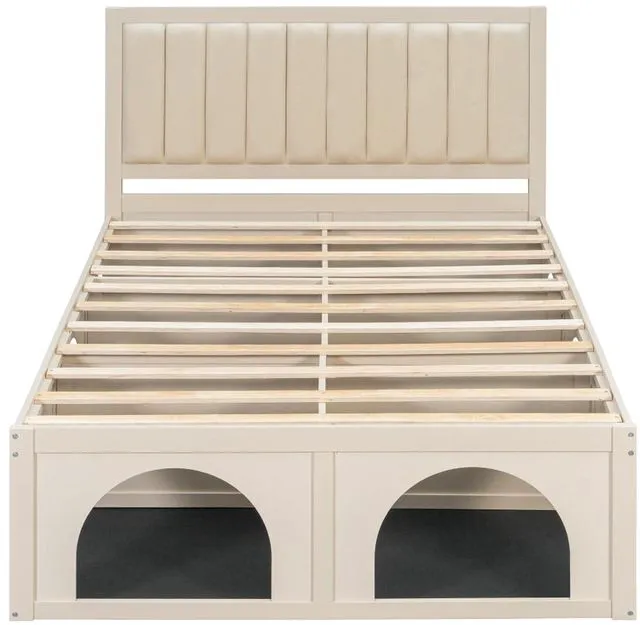 Alt view image 7 of 7 - Queen/Full Size Platform Bed with Pet-Friendly Space and Upholstered Headboard, Panel Bedframe Mattress Base with Open Under-Bed Nook and Wooden Slats Support for Bedroom Apartment (Beige Queen)