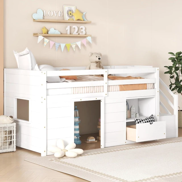 Alt view image 3 of 7 - Hassyee Twin/Full Size Solid Wood Low Loft Bed Frame with Built-in Stairs and Storage Drawer, Dorm Bed with 7 Colors LED Light and Safety Guardrails for Boys Girls Bedroom Guest Playroom (Twin+White)