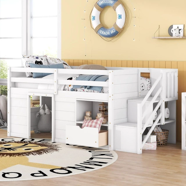 Alt view image 4 of 7 - Hassyee Twin/Full Size Solid Wood Low Loft Bed Frame with Built-in Stairs and Storage Drawer, Dorm Bed with 7 Colors LED Light and Safety Guardrails for Boys Girls Bedroom Guest Playroom (Twin+White)