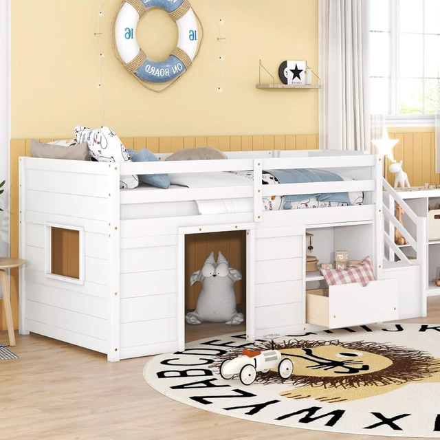 Alt view image 6 of 7 - Hassyee Twin/Full Size Solid Wood Low Loft Bed Frame with Built-in Stairs and Storage Drawer, Dorm Bed with 7 Colors LED Light and Safety Guardrails for Boys Girls Bedroom Guest Playroom (Twin+White)