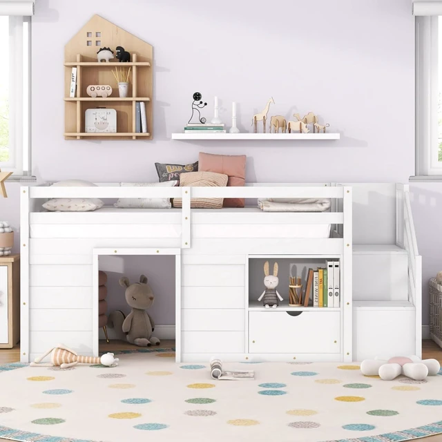 Alt view image 7 of 7 - Hassyee Twin/Full Size Solid Wood Low Loft Bed Frame with Built-in Stairs and Storage Drawer, Dorm Bed with 7 Colors LED Light and Safety Guardrails for Boys Girls Bedroom Guest Playroom (Twin+White)