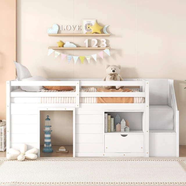 Alt view image 2 of 7 - Hassyee Twin/Full Size Solid Wood Low Loft Bed Frame with Built-in Stairs and Storage Drawer, Dorm Bed with 7 Colors LED Light and Safety Guardrails for Boys Girls Bedroom Guest Playroom (Twin+White)