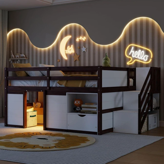 Alt view image 2 of 7 - Twin/Full Size Solid Wood Low Loft Bed Frame with Built-in Stairs and Storage Drawer, Dorm Bed with 7 Colors LED Light and Safety Guardrails for Boys Girls Bedroom Guest Playroom (Full+Walnut & White)